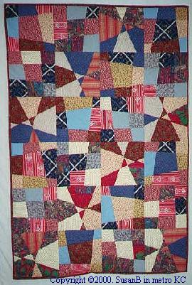 picture of a red and blue stack and slash quilt